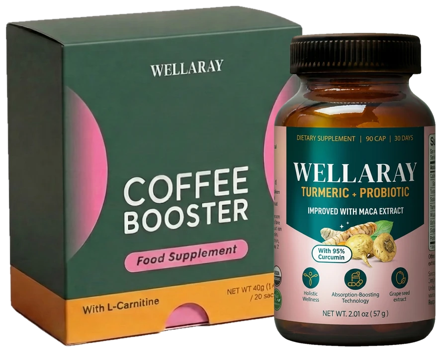 Wellaray Coffee Booster box and Turmeric + Probiotic bottle